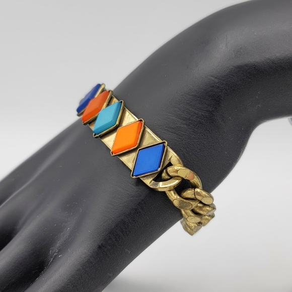 Anton Huenis Jewelry - Anton Huenis Gold tone Curb Chain Diamond Shaped Lucite Signed Bracelet Rare Vtg